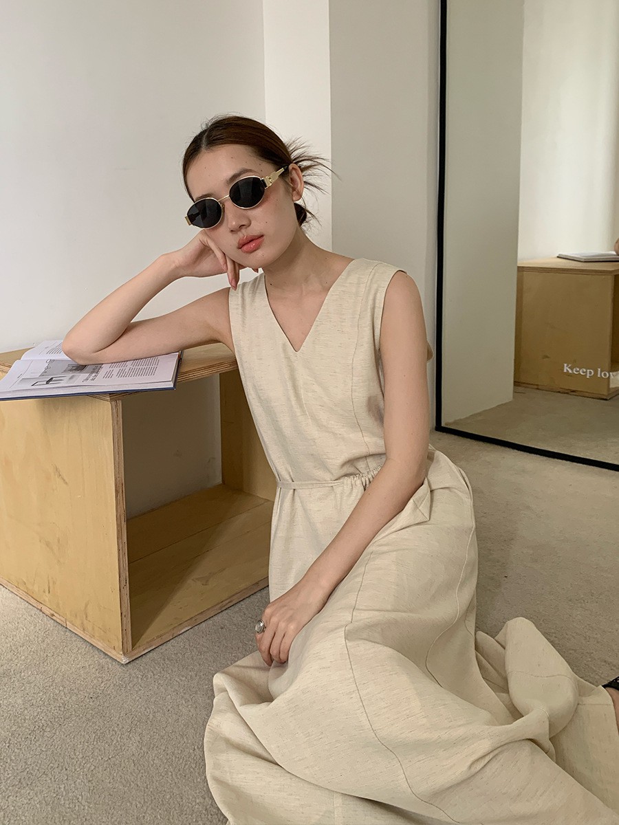 HE MIND Linen Design V-neck Tank Top Skirt 2025 Summer Korean Edition