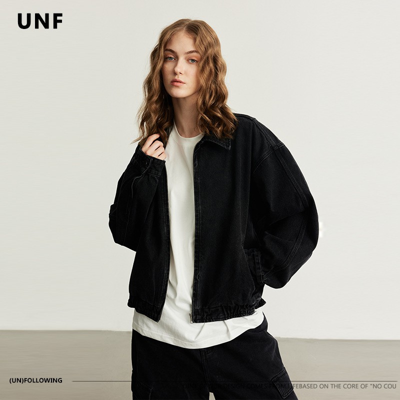 UNF Cleanfit Harrington denim jacket Boxy short width distressed wash black denim jacket men's autumn and winter