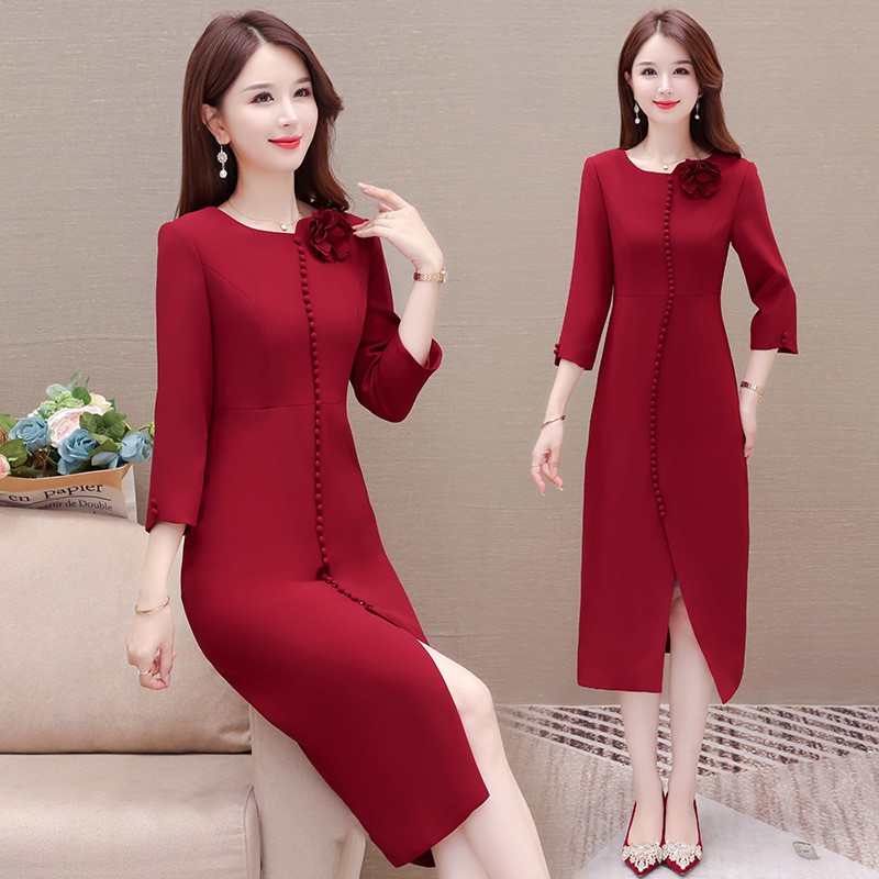 Solid color dress for women, 2025 new style, autumn celebration banquet, mother's skirt, hip wrap skirt
